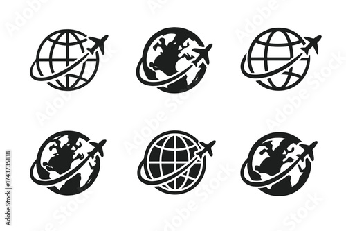 Global Travel Logos. Cross-cultural exchange programs. Set Logo of travel arrows: airplane paths circling around the Earth. harmonious logo variations of the