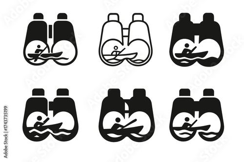 Kayaking Logo Variations. Kayaking in Rivers. Set Logo of Kayaking in Rivers: binoculars. harmonious logo variations of the same emblematic concept, each with