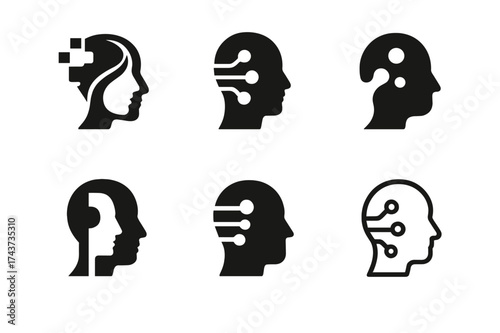 AI Transformation Logos. Artificial intelligence in business. Set Logo of AI transformation: abstract figure merging human and digital elements. harmonious