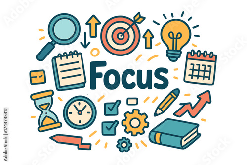 Focus Doodle Illustration. Focus. Hand-drawn doodle illustration of Focus. magnifying glass, target, arrows,