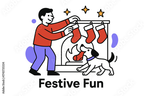 Festive Stocking Mischief. Hanging stockings by the fireplace. Family dog tugging playfully at a stocking