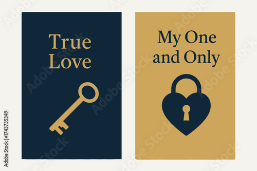True Love Banners. True Love. Two vertical A6 banners, minimal, navy and gold backgrounds, matching key and heart lock with clean lines, first banner with text