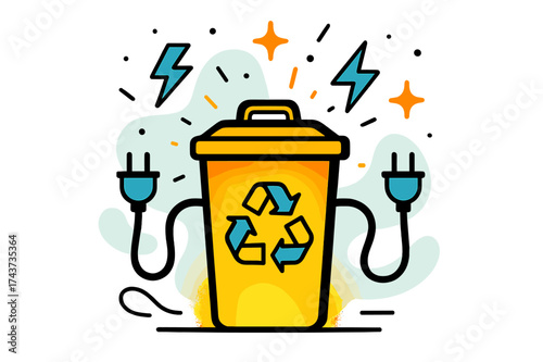 Waste Energy Art. Energy from waste. A glowing trash bin connected to power cables, abstract floating sparks and lightning icons symbolizing resource recovery.