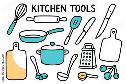Colorful Kitchen Doodles. Kitchen Tools. Hand-drawn doodle illustration whisk (colored), rolling pin, spatula (colored), knife, pan (colored), pot (colored),