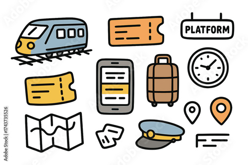 Train Travel Doodle. Train Apps. Hand-drawn doodle illustration train (colored), rail tracks, ticket (colored), station clock, smartphone with schedule
