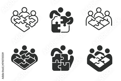 Puzzle Piece Logos. Team brainstorming innovative ideas. Set Logo of puzzle pieces: team members assembling interconnected puzzle. harmonious logo variations
