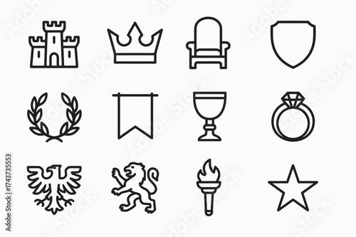 Dynasty Icon Set. Dynasty. Line outline icon set of Dynasty: castle, crown, throne, shield, laurel wreath,