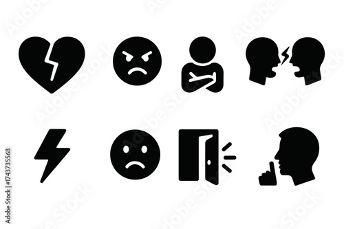 Relationship Conflict Icons. Relationship Conflicts. Filled icon set of Relationship Conflicts: broken heart,