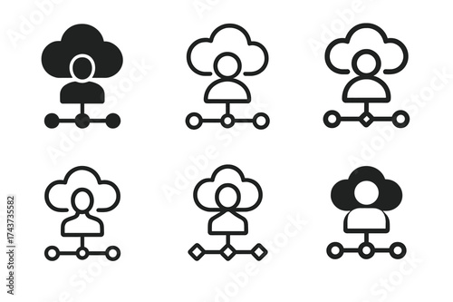 Digital Twin Logos. Digital Twin for Individuals. Set Logo of cloud sync: person connected to cloud and digital nodes. harmonious logo variations of the same