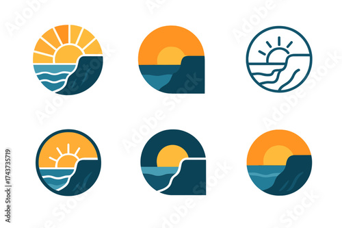 Sunrise Sunset Logos. Sunrise and sunset over natural landscapes. Set Logo of Sunrise and sunset over natural landscapes: Coastal cliff at sunset. harmonious