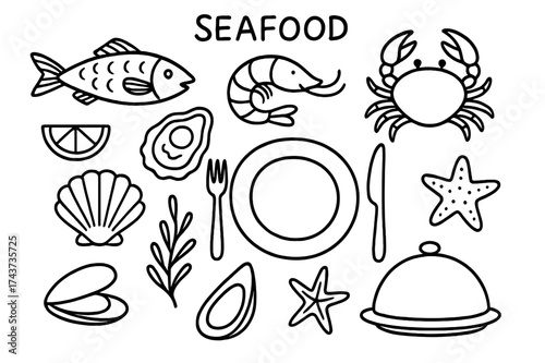 Seafood Doodle Collection. Seafood. Hand-drawn doodle illustration seafood fish, shrimp, crab, oyster, shell, lemon, fork, knife, plate, seaweed, scallop,
