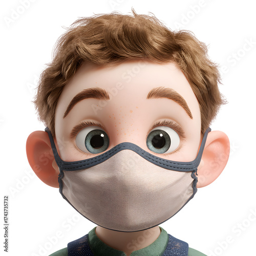 Cartoon boy with brown hair wearing a face mask isolated on transparent background