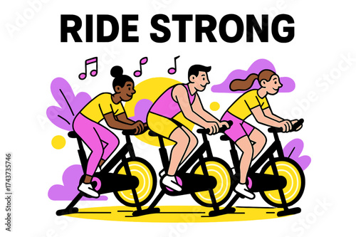 Energetic Cycling Class. Spin Class. Cyclists pedaling in unison with glowing circular energy waves radiating