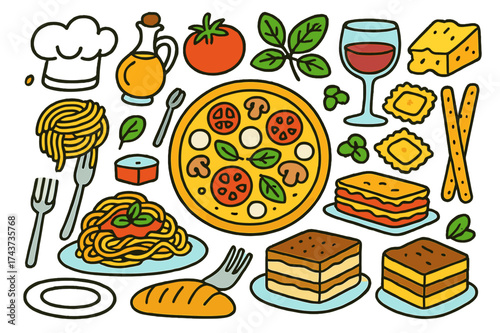 Italian Cuisine Doodles. Italian cuisine. Colorful Hand-drawn doodle Children illustration Pizza, pasta, spaghetti, lasagna, ravioli, olive oil, tomato, basil,