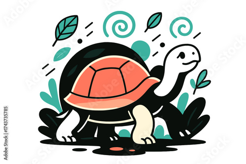 Glowing Wise Tortoise. Wise Tortoise. A glowing tortoise walking slowly in the forest, abstract floating spirals and leaves symbolizing wisdom.