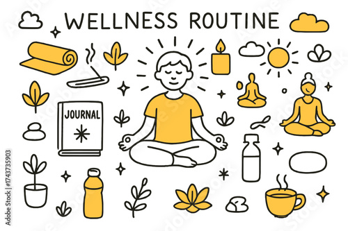 Wellness Routine Doodle. Wellness Routine. Hand-drawn doodle illustration wellness routine person meditating (accented), yoga mat, lotus pose (accented),