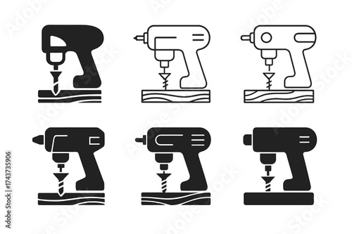 Deck Builder Logos. Deck builders constructing wooden decks. Set Logo of drill and screw: power drill driving screw into wood plank. harmonious logo variations