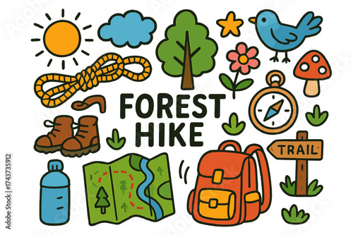 Forest Adventure Icons. Forest Hike. Colorful Hand-drawn doodle Children illustration backpack, hiking boots, compass, rope, tree, flower, mushroom, bird,