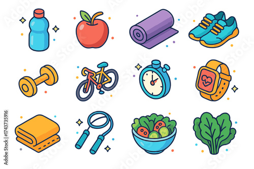 Healthy Lifestyle Icons. Healthy Lifestyle. Colorful isometric vector icons set of healthy lifestyle: water bottle, apple, yoga mat, sneakers, dumbbell,