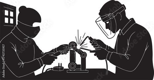 Two silhouetted figures wearing protective gear and welding equipment work together on a metal project in a workshop setting