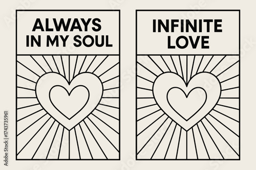 Infinite Soul Love Banners. Intimacy. Two vertical A6 banners with safe margins, centered composition, no elements touching edges, bauhaus style, black and