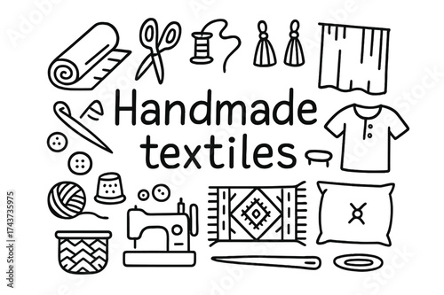 Handmade Textiles Icons. Handmade textiles. Hand-drawn doodle illustration of Handmade textiles. Fabric roll,