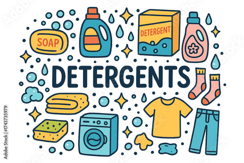 Detergent Doodle Art. Detergents. Hand-drawn doodle illustration of Detergents. Soap bar, detergent bottle,