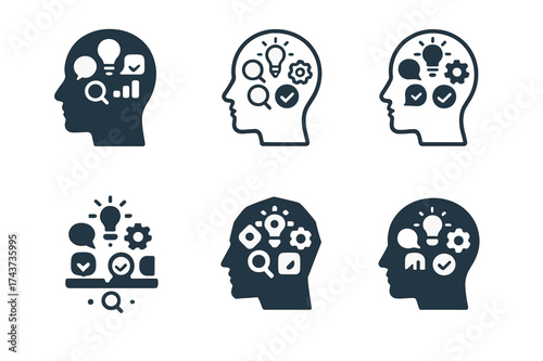 Multitasking Mind Logos. Improving your ability to multitask. Set Logo of multitasking mind: head silhouette with multiple icons inside. harmonious logo