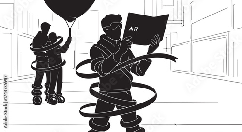 Silhouette of a person reading a book with the word abc on it surrounded by swirling ribbons and another silhouette holding a balloon