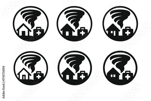 Tornado Preparedness Logos. Tornado-prone regions and disaster preparedness. Set Logo of tornado badge: circular emblem combining funnel cloud, house, and