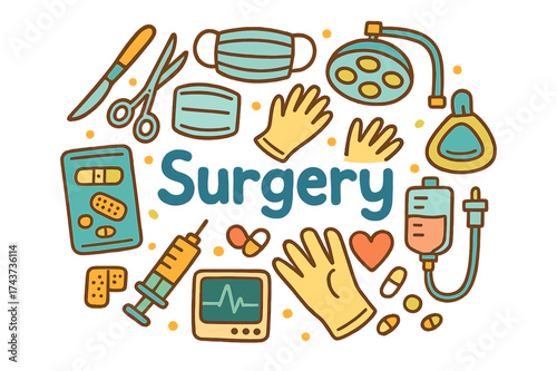 Surgery Tools Doodle. Surgery. Hand-drawn doodle illustration of Surgery. scalpel, surgical scissors, mask,