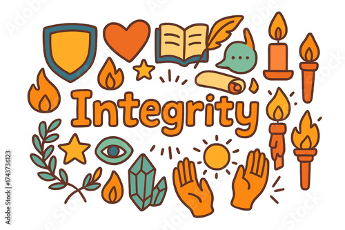 Integrity Doodle Illustration. Integrity. Hand-drawn doodle illustration of Integrity. shield, heart, open