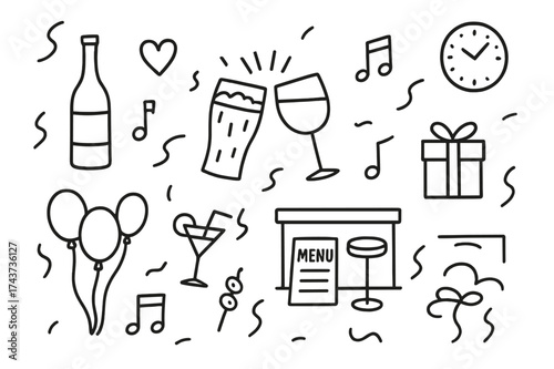 Social Gathering Doodles. Social gathering. Hand-drawn doodle illustration social gathering glasses clinking, wine bottle, beer mug, cocktail glass, heart,