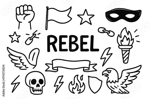 Rebel Doodle Icons. Rebel. Hand-drawn doodle illustration of Rebel. clenched fist, flag, broken chain, star,