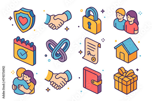 Trust Icon Set. Trust and Reliability. Colorful isometric vector icons set of trust and reliability: shield with heart, hand holding, lock, couple, calendar,