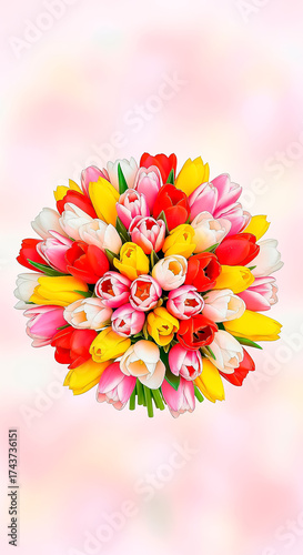 A colorful floral bouquet forming a perfect circular pattern representing spring joy, freshness, and vibrant natural beauty