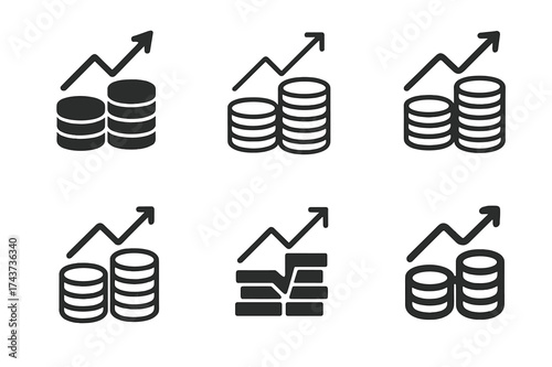 Diverse Startup Logos. Investing in startups. Set Logo of coin and graph: stacked coins with rising line chart. harmonious logo variations of the