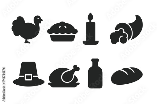 Thanksgiving Icon Set. Thanksgiving. Filled icon set of Thanksgiving: turkey, pie, candle, cornucopia, pilgrim