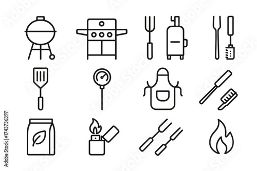 Barbecue Icon Set. Barbecue. Line icon set of Barbecue: charcoal grill, gas grill, smoker, barbecue tongs, spatula, meat thermometer, apron, grill brush,