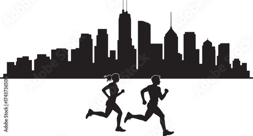 City Runners Silhouette People Exercising Outdoor Fitness Workout Landscape