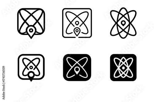 Quantum Tech Logos. Quantum computing in everyday technology. Set Logo of Quantum computing in everyday technology: Quantum GPS positioning module. harmonious
