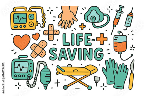 Life-Saving Essentials. Life-Saving. Hand-drawn doodle illustration of Life-Saving. defibrillator, CPR hands,