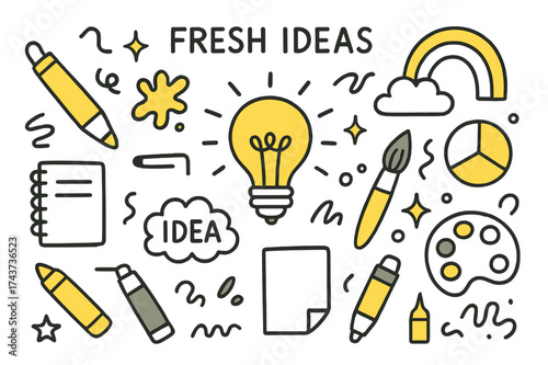 Creative Doodle Icons. Fresh Ideas. Hand-drawn doodle illustration fresh ideas light bulb (accented), rainbow, pencil (accented), paintbrush, paint splashes