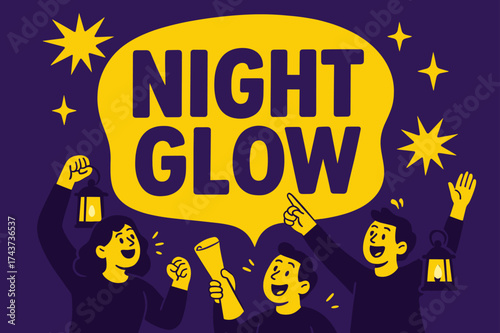 NightGlow Celebration Scene. NightGlow banner, flat vector illustration, bold oversized text inside rounded blob, cartoon characters pointing and cheering near