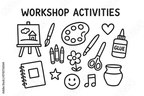 Creative Workshop Icons. Workshop Activities. Hand-drawn doodle illustration Workshop Activities easel, canvas, palette, brush, crayons, scissors, clay pot,