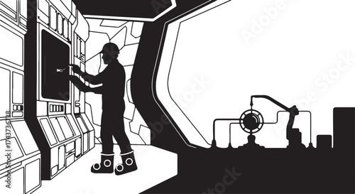 Silhouette of a lone astronaut operating complex machinery inside a futuristic spaceship interior with glowing panels and advanced technology