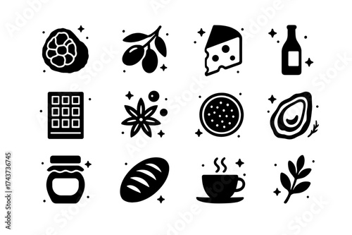 Gourmet Icons Collection. Gourmet Products. Solid icons set of truffle, olive branch, cheese, wine bottle, chocolate, spices, caviar tin, oyster, jam jar,