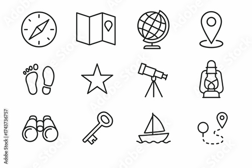 Navigator Icon Set. Navigator. Line outline icon set of Navigator: compass, map, globe, location pin,