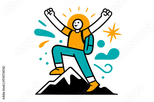 Victorious Summit Ascent. Summit Achievement. A glowing hiker raising arms on a peak, abstract floating rays and sparks symbolizing triumph and freedom. Modern