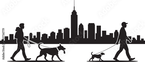 Cityscape silhouettes with people and dogs strolling